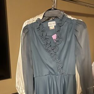 VINTAGE Blue Ruffle V-Neck Long Sleeve Midi Dress